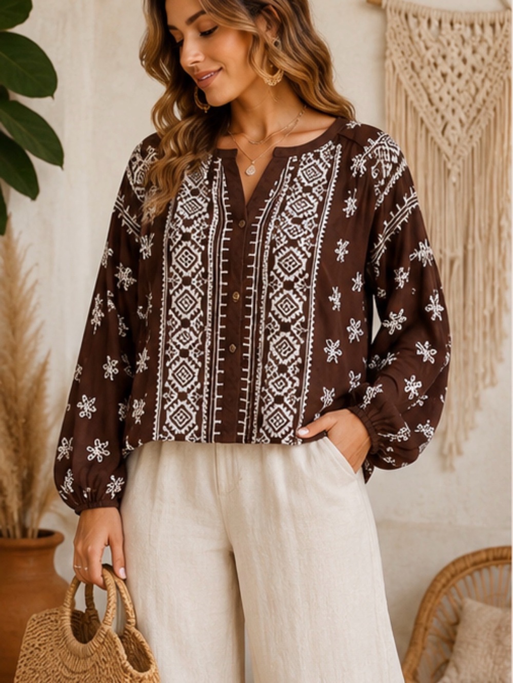 &merci Brown Embroidered Boho Blouse Size M Long Sleeve Peasant Top